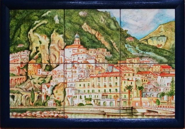 Amalfi-landschap in Maiolica op zes tegels - Handbeschilderde keramiekmeesterwerk